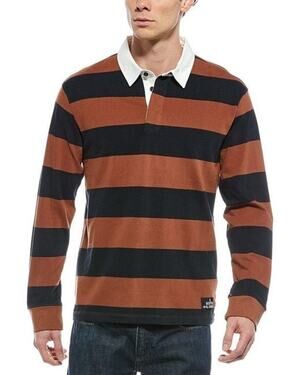 Scotch & Soda Striped Structured Knitted Polo Rugby Shirt in Brown, Medium